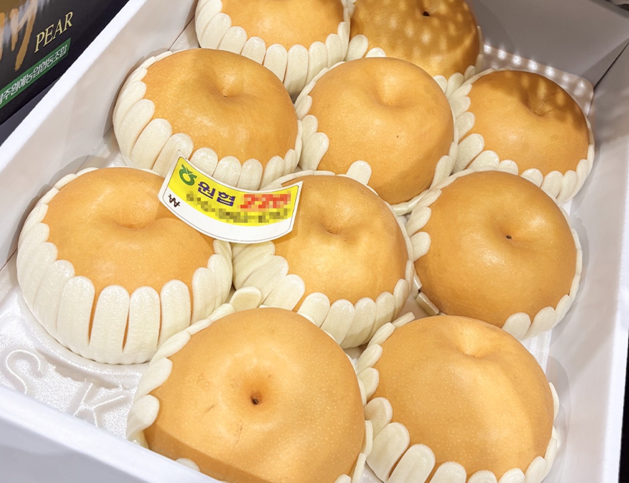 배 7.5kg 상자를 연 모습, 흰 완충재에 담긴 배들